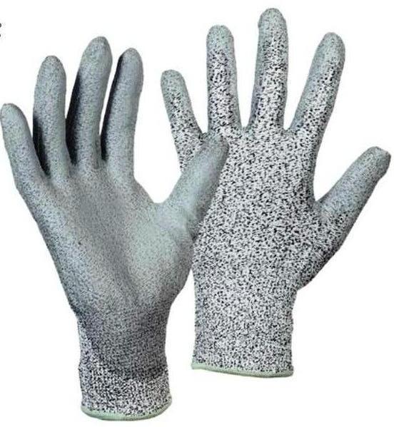 Schnittfester Feinstrickhandschuh mit grauer PU-Beschichtung.