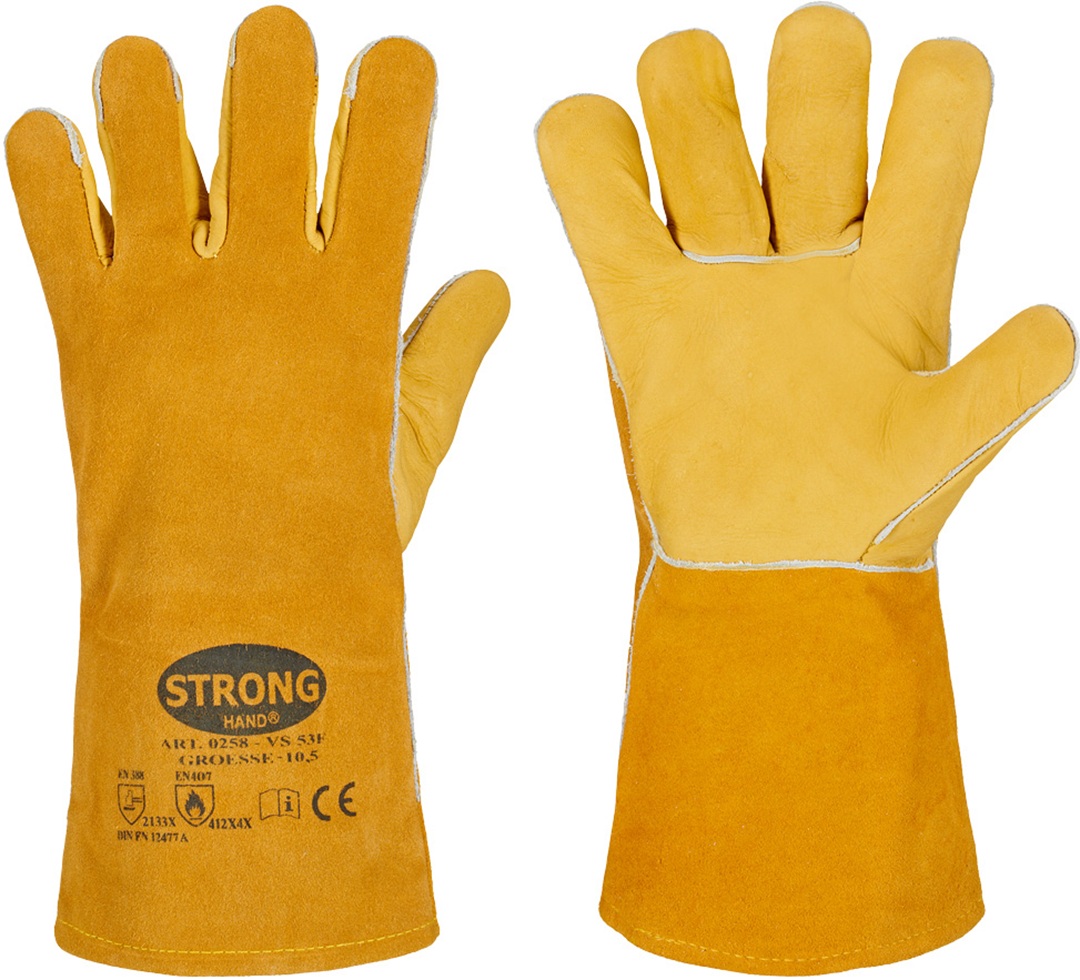 Günstiger Schweißerhandschuh, gefüttert, Handinnenfläche aus Vollleder.