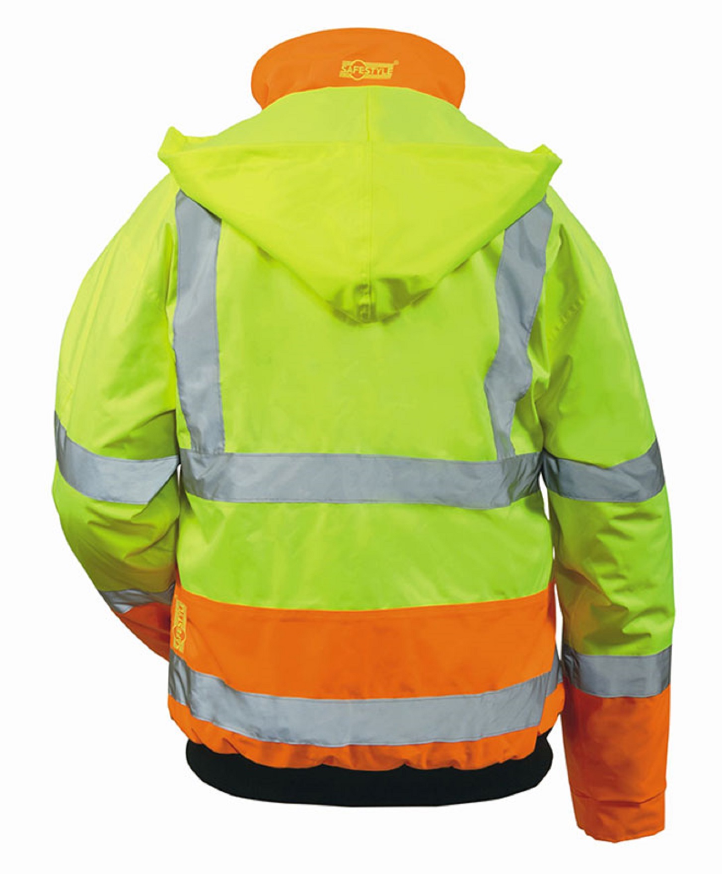 Piloten-Warnschutzjacke orange/gelb. MATS, Rücken.